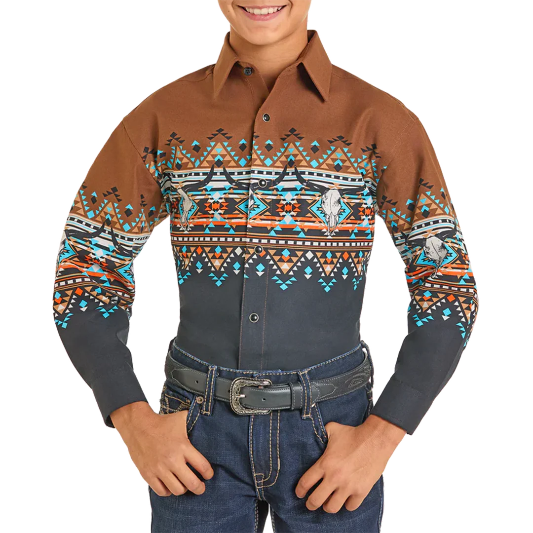 Panhandle Slim Boys' Aztec Border Print Snap Shirt