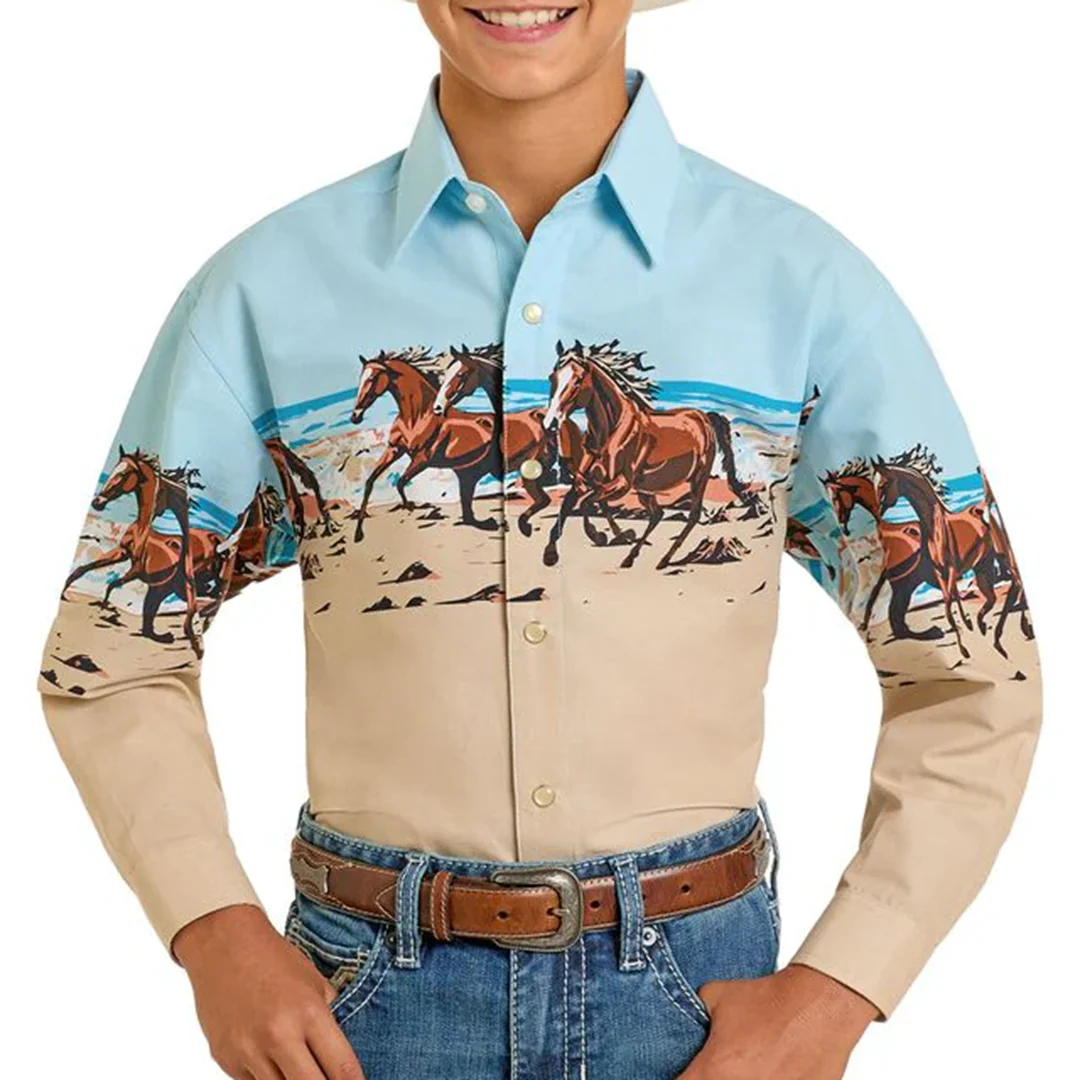 Panhandle Slim Boys' Horse Border Print Snap Shirt