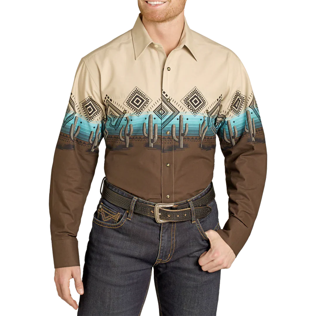 Panhandle Slim Men's Cactus Border Print Long Sleeve Snap Shirt