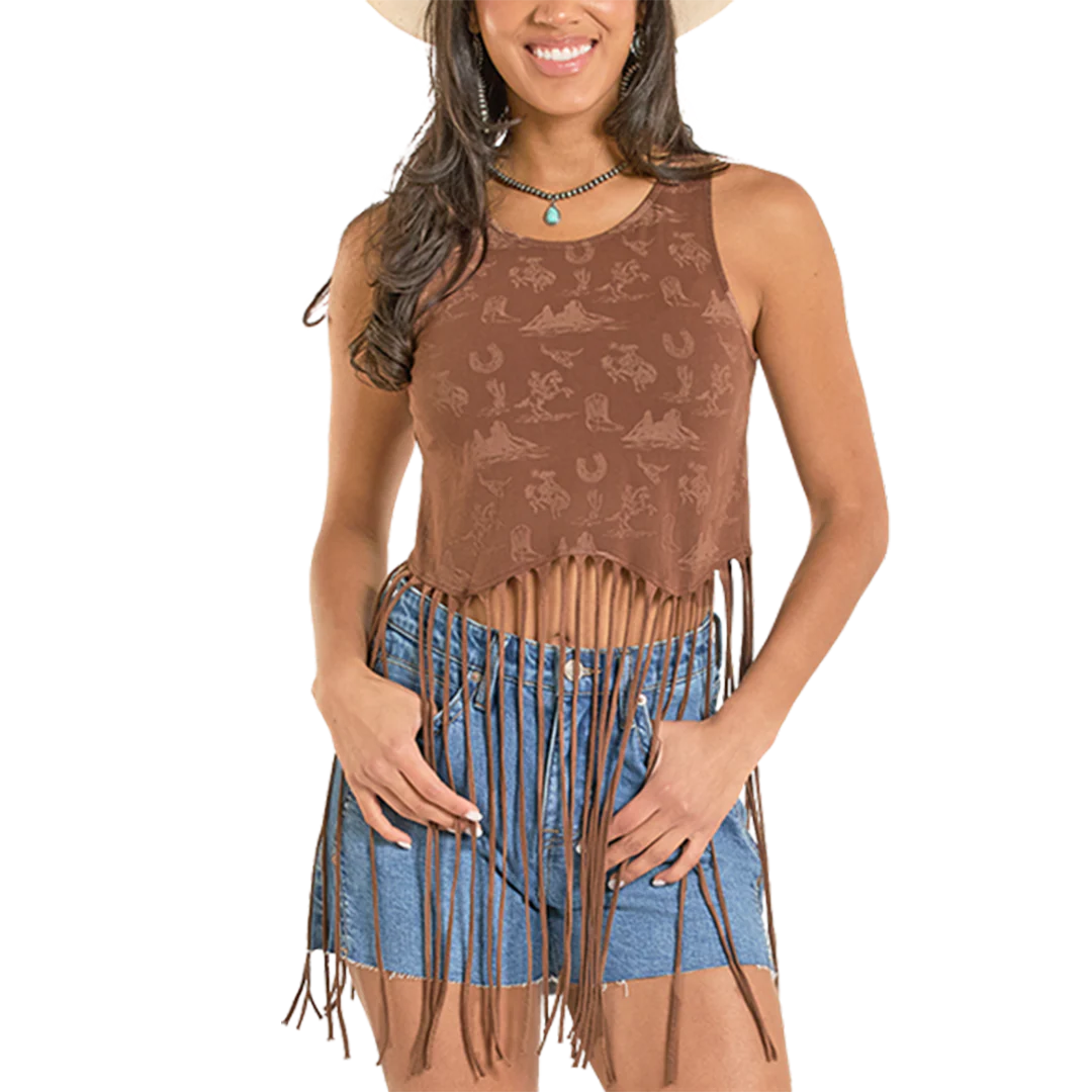 Rock & Roll Denim Women's Western Print Fringe Top