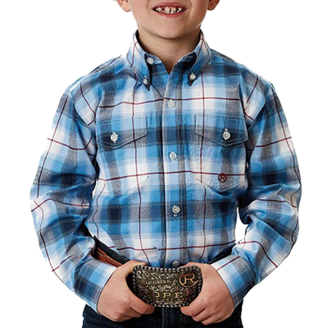 Roper Boys' Plaid Stretch Fit Button-Down Shirt In Blue