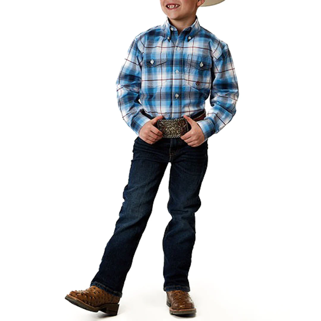 Roper Boys' Plaid Stretch Fit Button-Down Shirt In Blue - Image 3