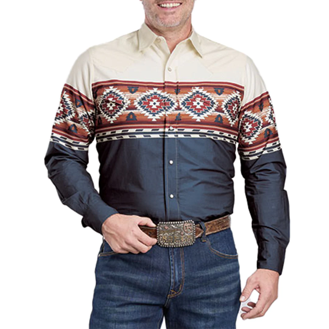 Roper Men's Vintage Collection Aztec Print Border Long Sleeve Snap Shirt