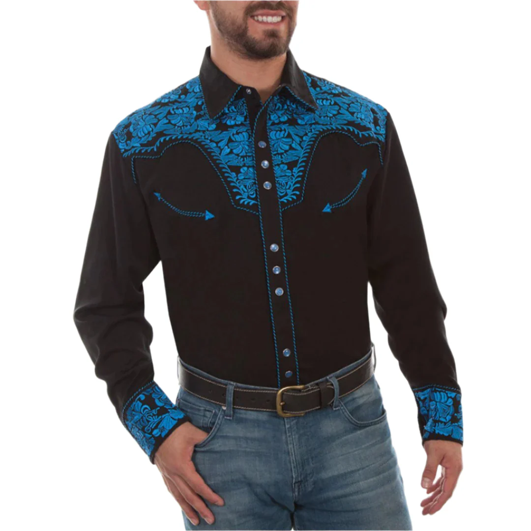 Scully Men's Floral Embroidered Western Dress Long Sleeve Snap Shirt